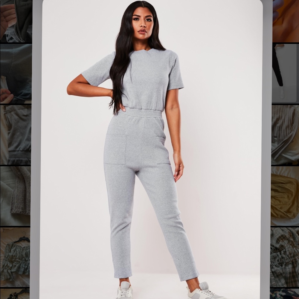 Missguided Petite Light Gray Jersey Ribbed Pocket Front Romper, Size 6